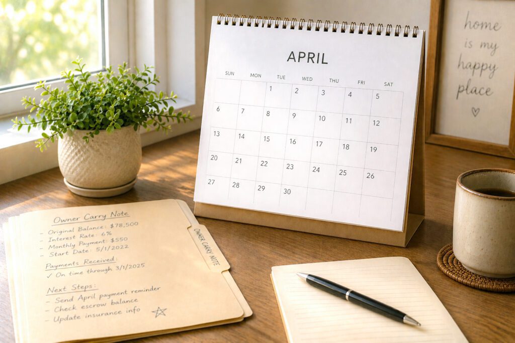 Desk calendar and owner carry note folder on a home office desk – how long does it take to sell a mortgage note depends on documents and due diligence.